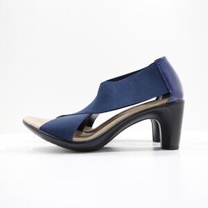 Charleston Shoe Co. Crawford Blue Elastic & Patent Leather 3" Block Heel Sandals